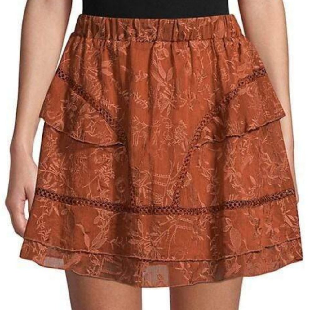 Q+A Rust Embroidered Lace Tiered Mini Skirt